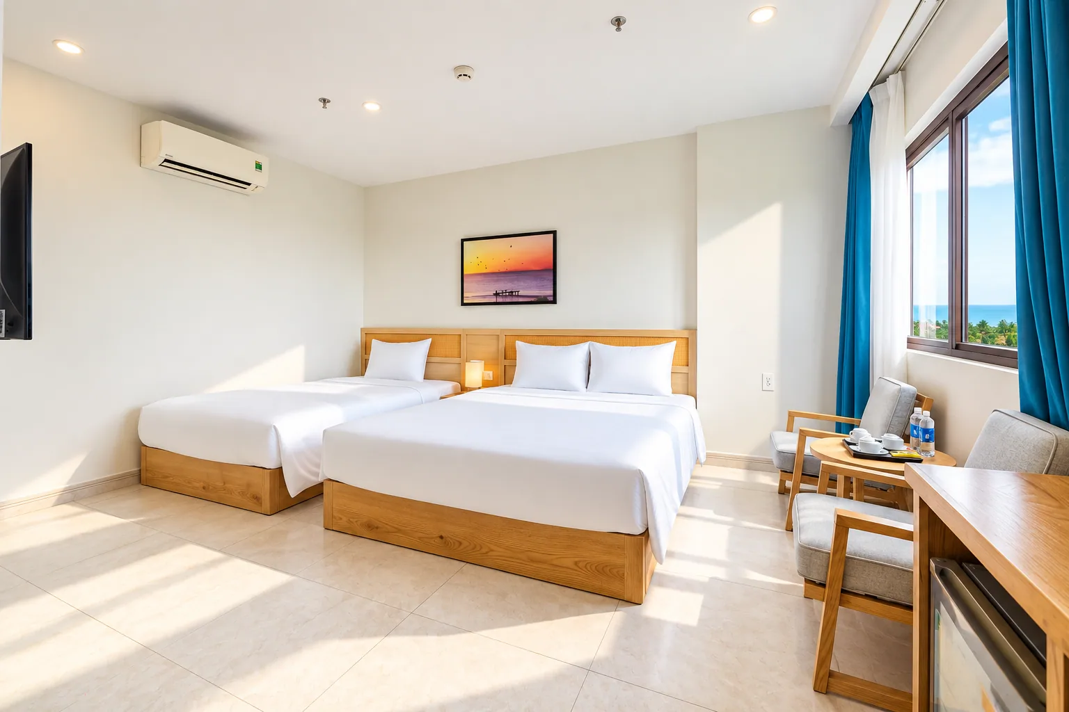Premier Family Ocean View room with two beds and a sea-facing window at Nam Chau Stellar